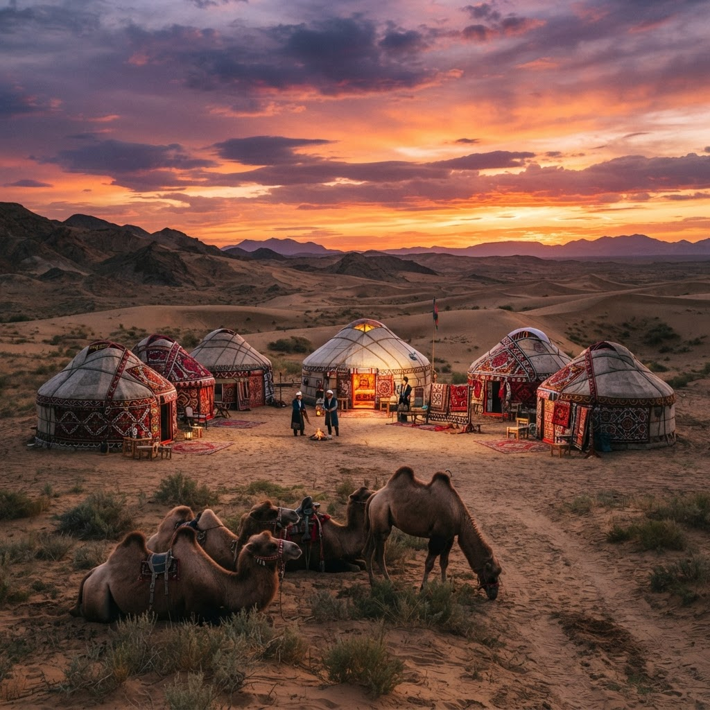 Desert yurt camp at sunset